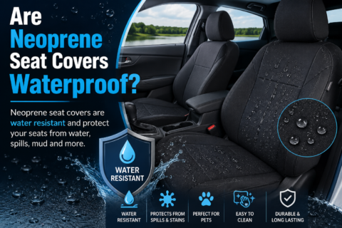 Are Neoprene Seat Covers Waterproof? Black neoprene car seat covers showing water droplets and water-resistant protection against spills and moisture.