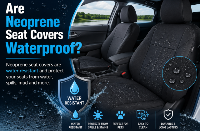 Are Neoprene Seat Covers Waterproof? Black neoprene car seat covers showing water droplets and water-resistant protection against spills and moisture.