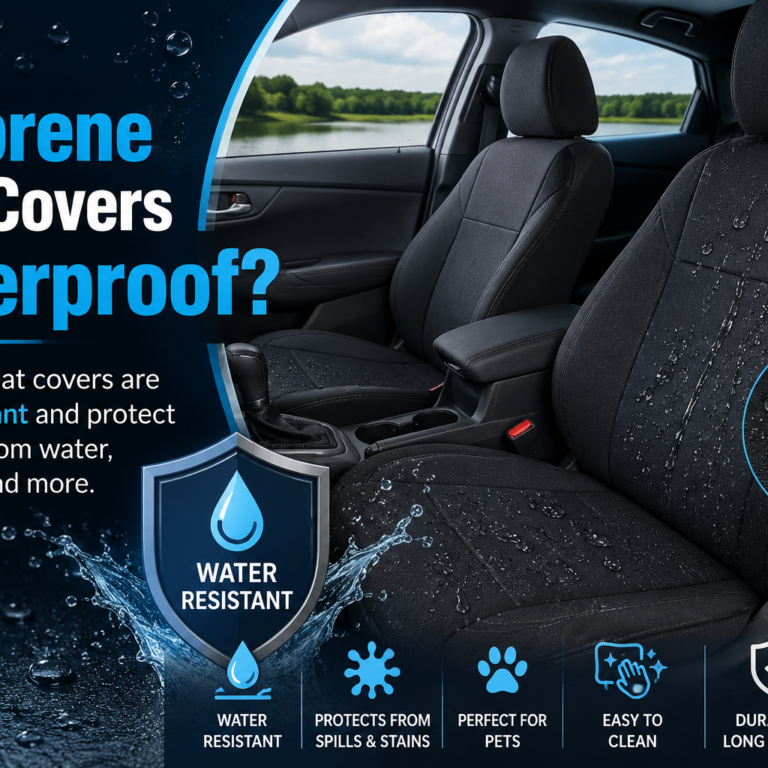Are Neoprene Seat Covers Waterproof? Black neoprene car seat covers showing water droplets and water-resistant protection against spills and moisture.