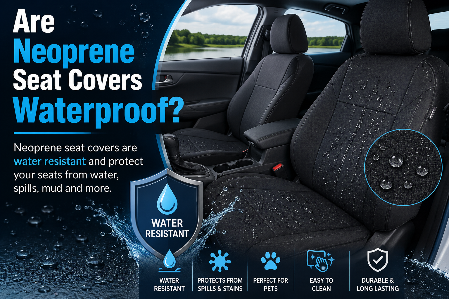 Are Neoprene Seat Covers Waterproof? Black neoprene car seat covers showing water droplets and water-resistant protection against spills and moisture.