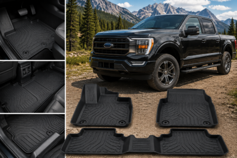 Best Floor Mats for Ford F-150 showing heavy-duty all-weather liners with raised edges and full floor coverage