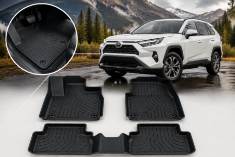 Best Floor Mats for Toyota RAV4 showing molded all-weather mats with raised edges and full floor coverage