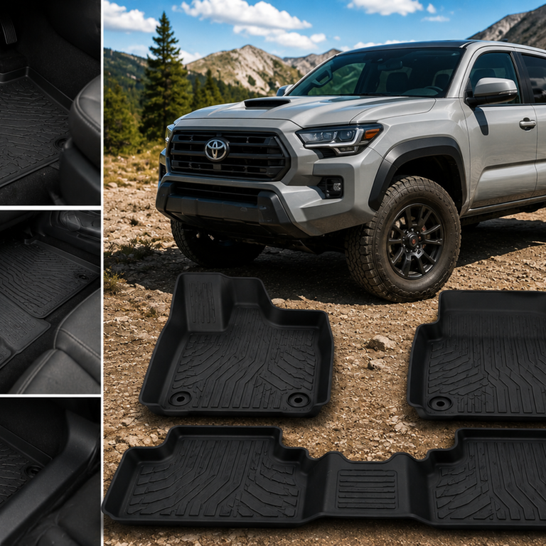 Best Floor Mats for Toyota Tacoma showing molded all-weather mats with raised edges and deep grooves
