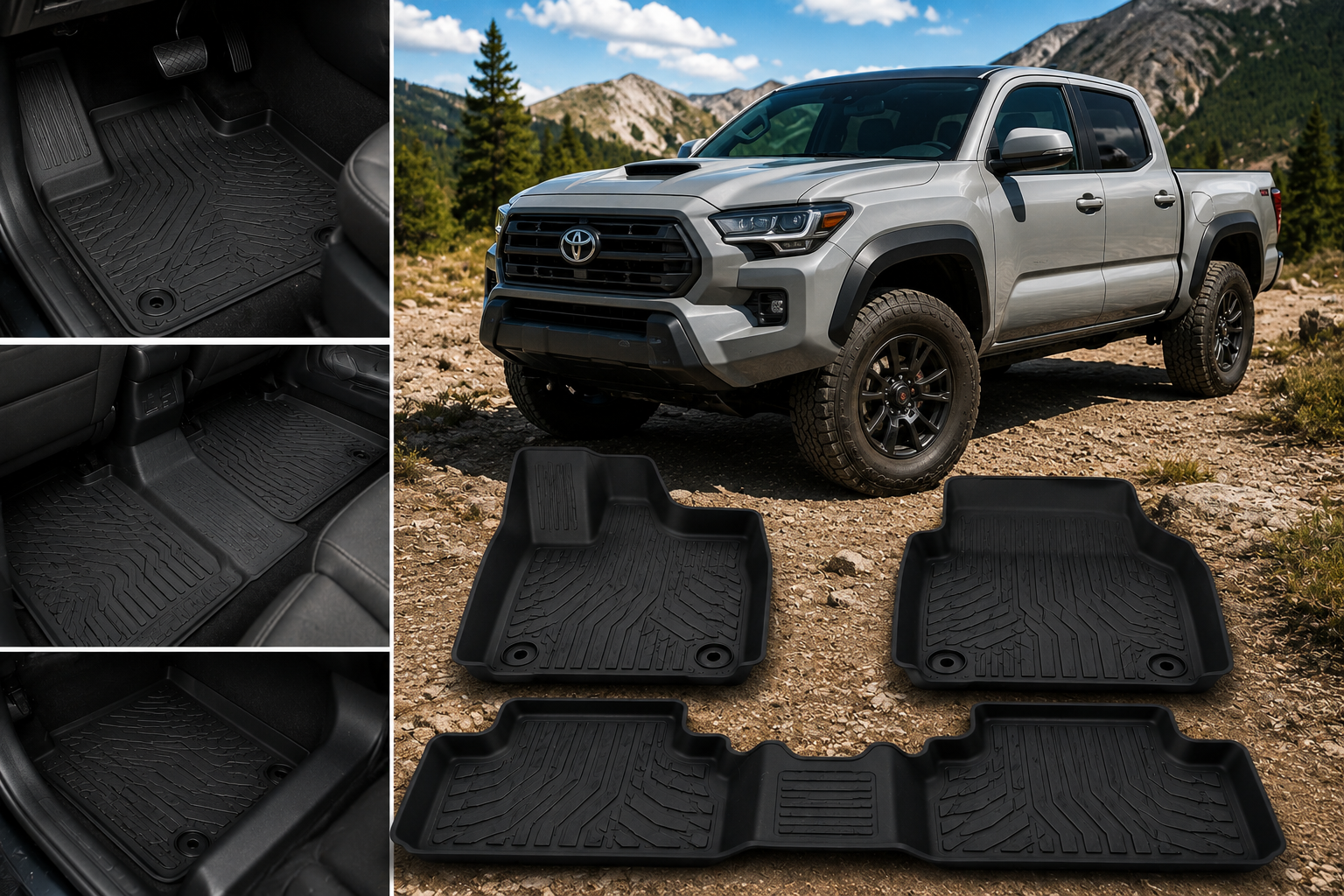 Best Floor Mats for Toyota Tacoma showing molded all-weather mats with raised edges and deep grooves