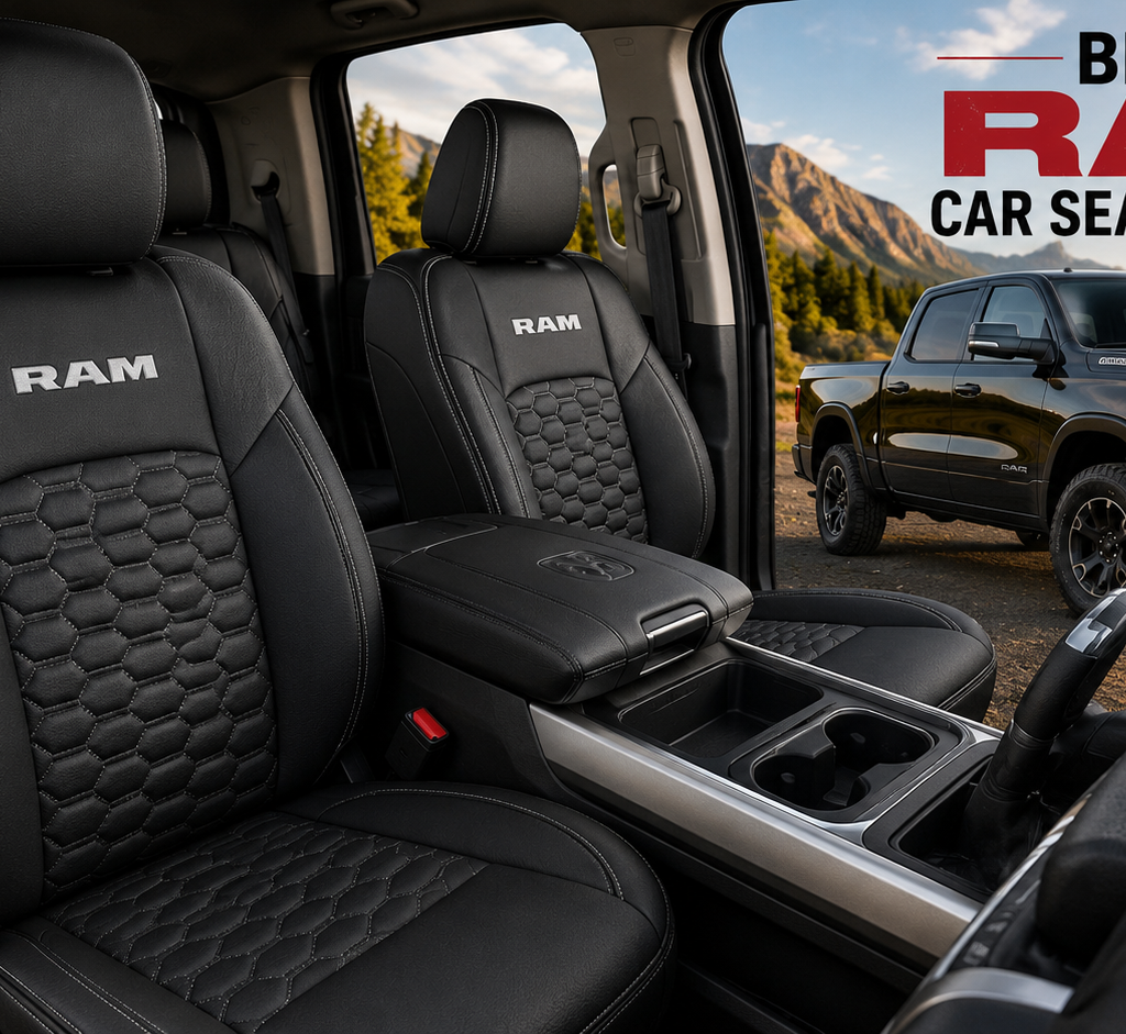 Best RAM Car Seat Covers shown in a premium black truck interior with durable front and rear seat protection