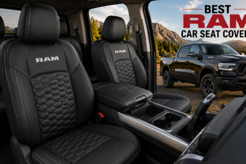 Best RAM Car Seat Covers shown in a premium black truck interior with durable front and rear seat protection