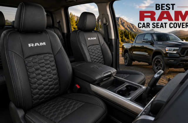 Best RAM Car Seat Covers shown in a premium black truck interior with durable front and rear seat protection