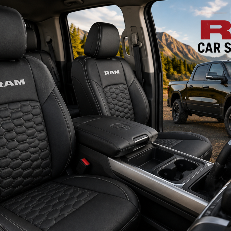 Best RAM Car Seat Covers shown in a premium black truck interior with durable front and rear seat protection
