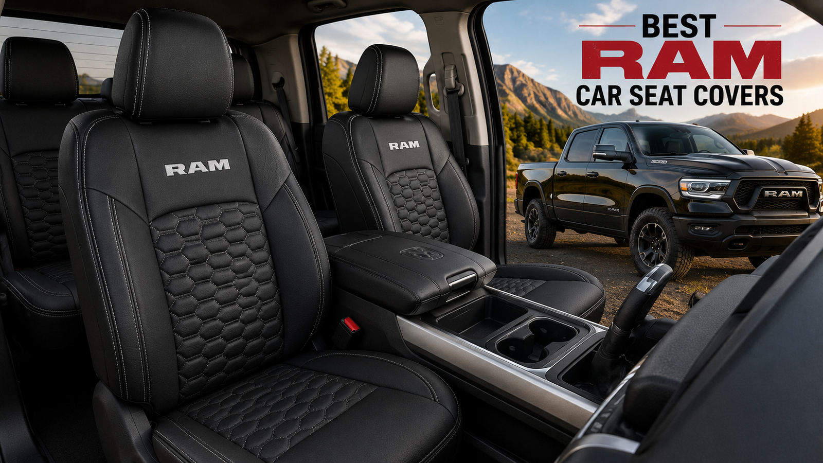 Best RAM Car Seat Covers shown in a premium black truck interior with durable front and rear seat protection