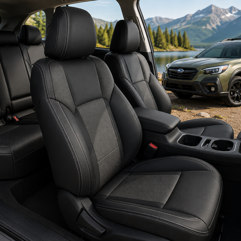 Best seat covers for Subaru Outback shown in a premium black and charcoal interior with a Subaru Outback in a scenic mountain setting