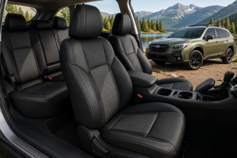 Best seat covers for Subaru Outback shown in a premium black and charcoal interior with a Subaru Outback in a scenic mountain setting