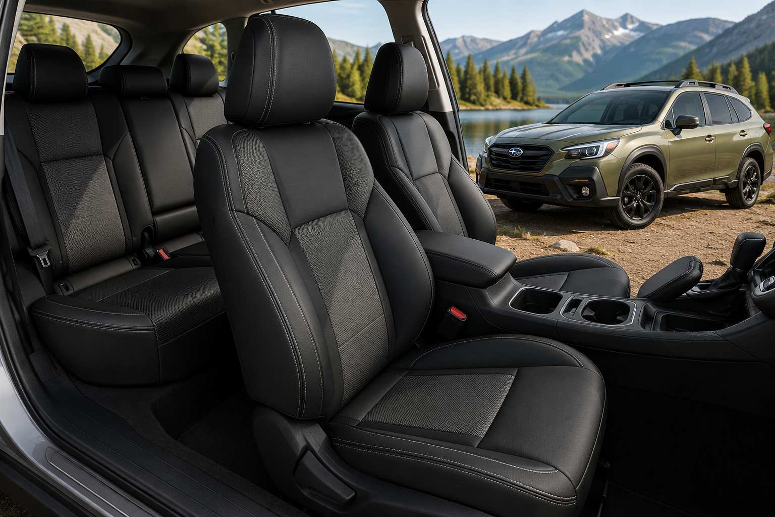 Best Seat Covers for Subaru Outback: Leather vs. Breathable Mesh (2026) 1 Best seat covers for Subaru Outback shown in a premium black and charcoal interior with a Subaru Outback in a scenic mountain setting
