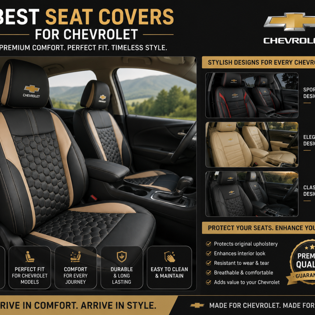 Premium chevy seat covers in black and tan quilted leather protecting Chevrolet car seats with a stylish, comfortable fit
