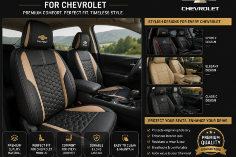 Premium chevy seat covers in black and tan quilted leather protecting Chevrolet car seats with a stylish, comfortable fit
