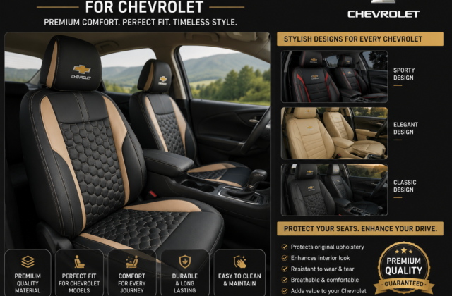 Premium chevy seat covers in black and tan quilted leather protecting Chevrolet car seats with a stylish, comfortable fit