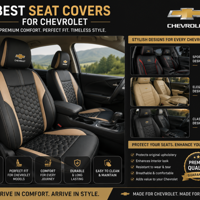 Premium chevy seat covers in black and tan quilted leather protecting Chevrolet car seats with a stylish, comfortable fit