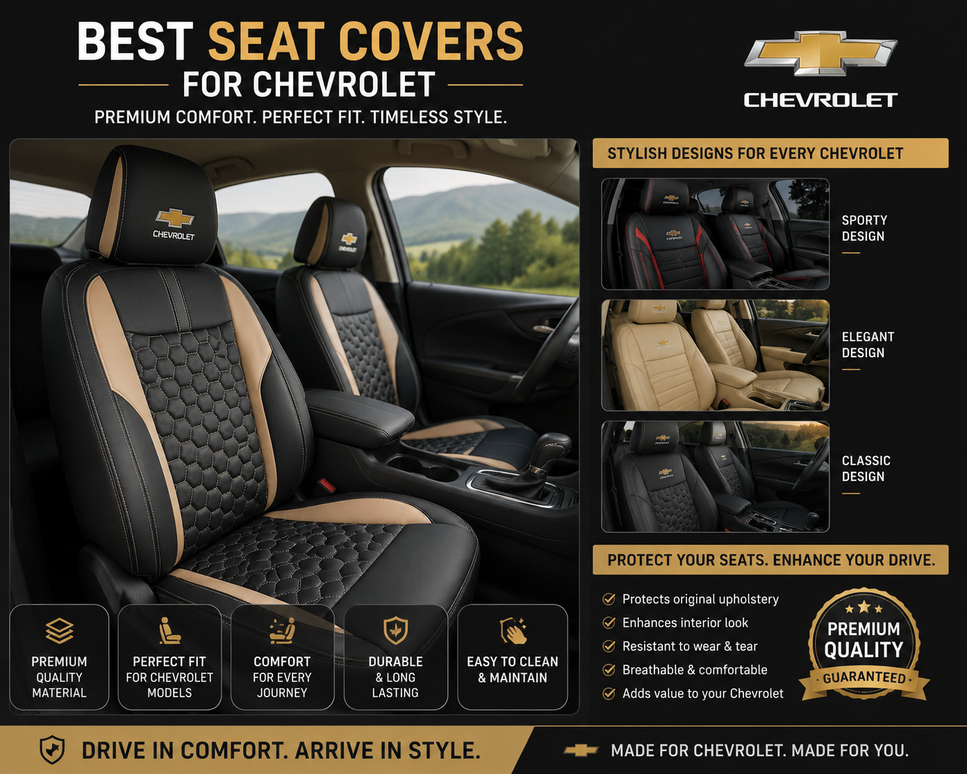 Premium chevy seat covers in black and tan quilted leather protecting Chevrolet car seats with a stylish, comfortable fit