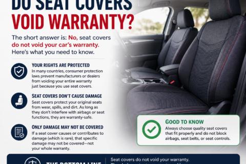 Do seat covers void warranty? Infographic explaining how properly fitted car seat covers generally protect vehicle seats without affecting the warranty.