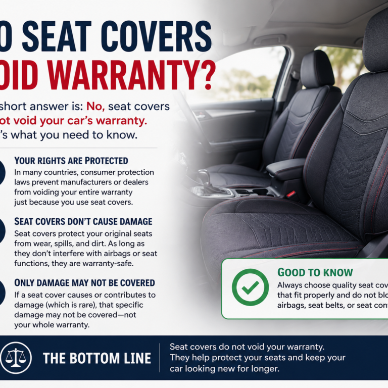 Do seat covers void warranty? Infographic explaining how properly fitted car seat covers generally protect vehicle seats without affecting the warranty.