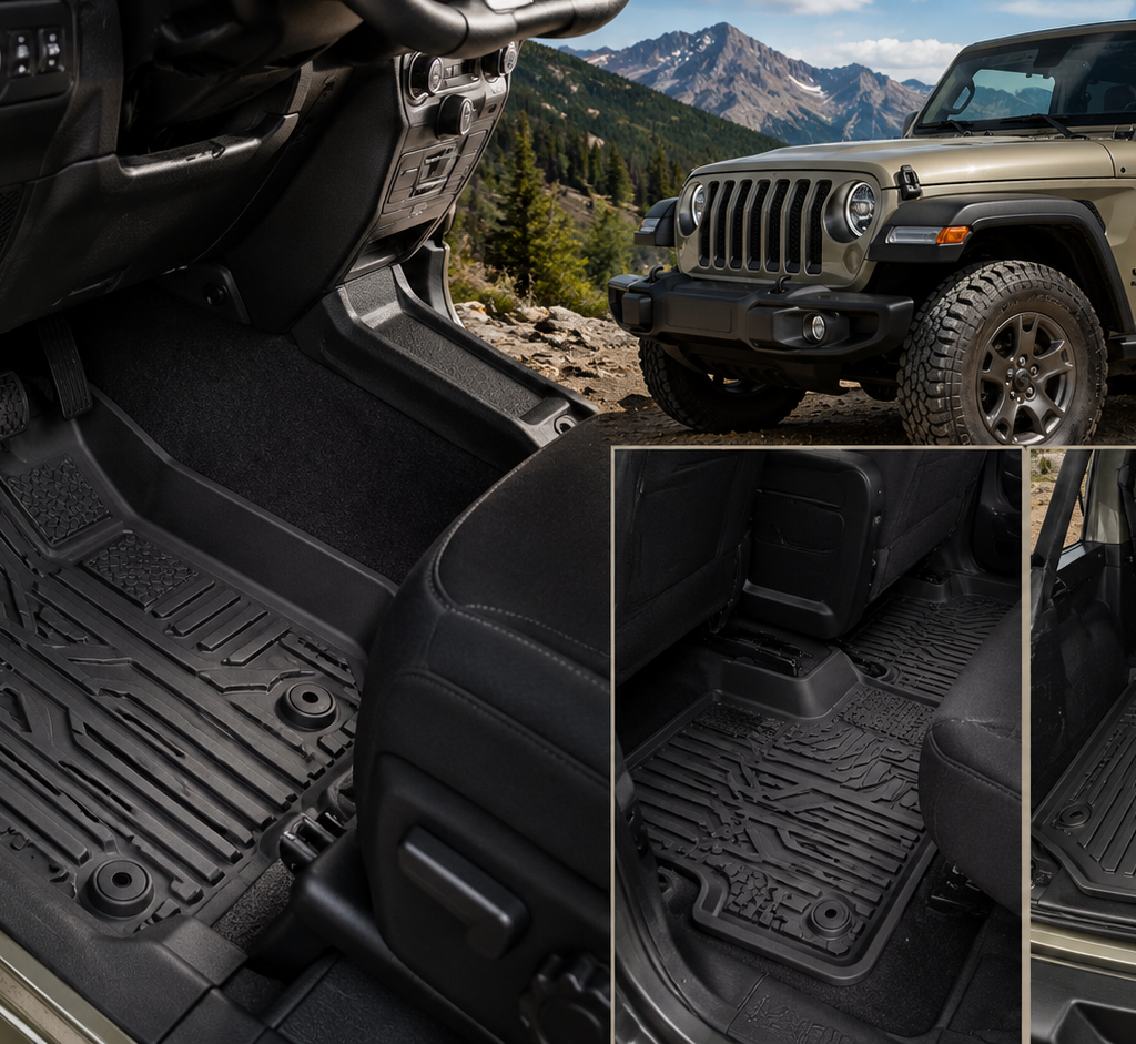 Floor Mats for Jeep Wrangler shown with heavy-duty black liners covering the front, rear, and cargo areas