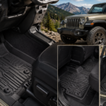 Floor Mats for Jeep Wrangler shown with heavy-duty black liners covering the front, rear, and cargo areas