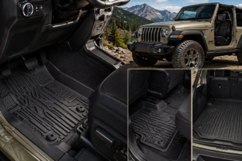 Floor Mats for Jeep Wrangler shown with heavy-duty black liners covering the front, rear, and cargo areas