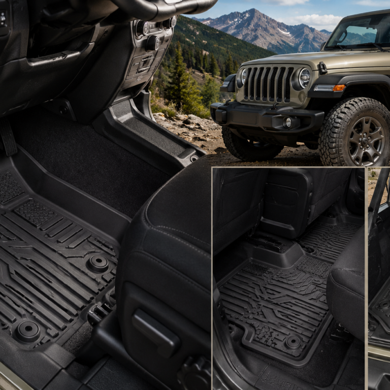 Floor Mats for Jeep Wrangler shown with heavy-duty black liners covering the front, rear, and cargo areas