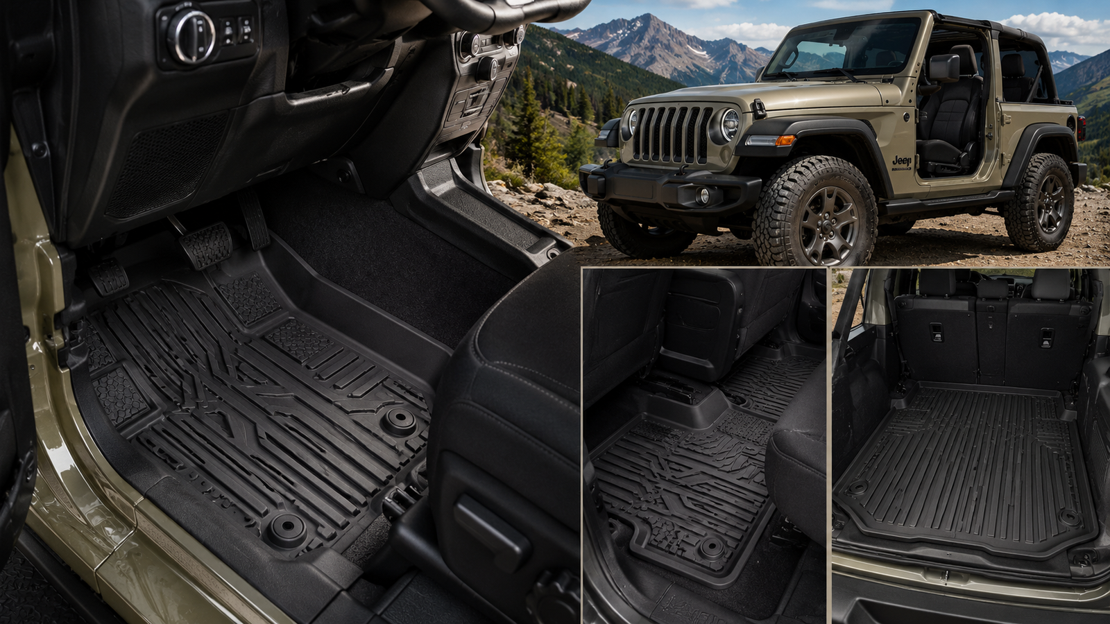 Floor Mats for Jeep Wrangler shown with heavy-duty black liners covering the front, rear, and cargo areas