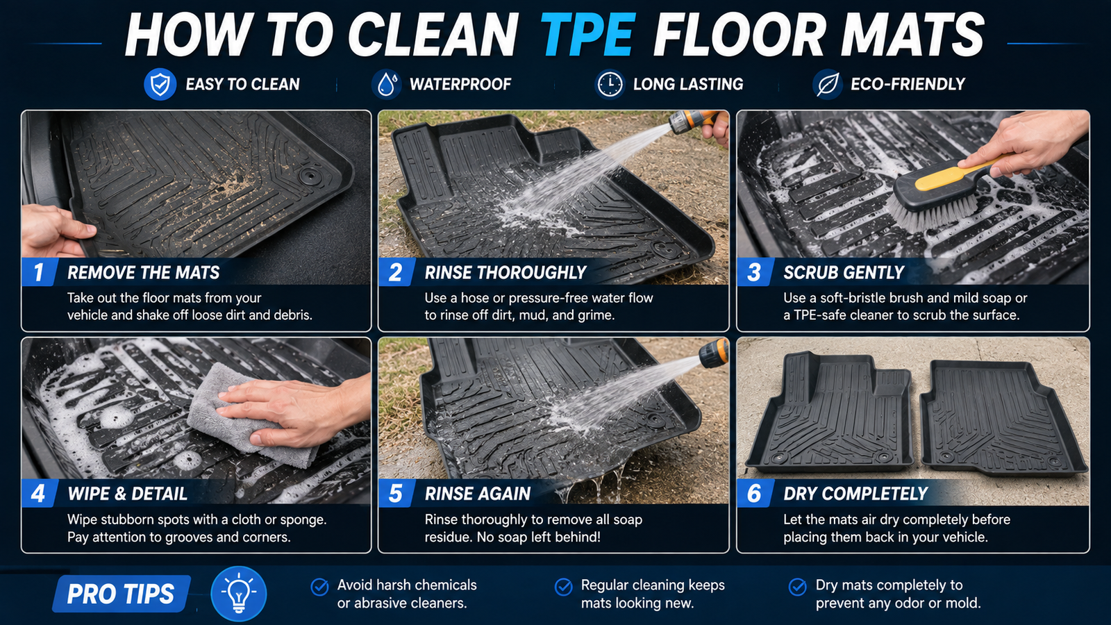 How to Clean TPE Floor Mats with simple steps for removing dirt, rinsing, scrubbing, and drying