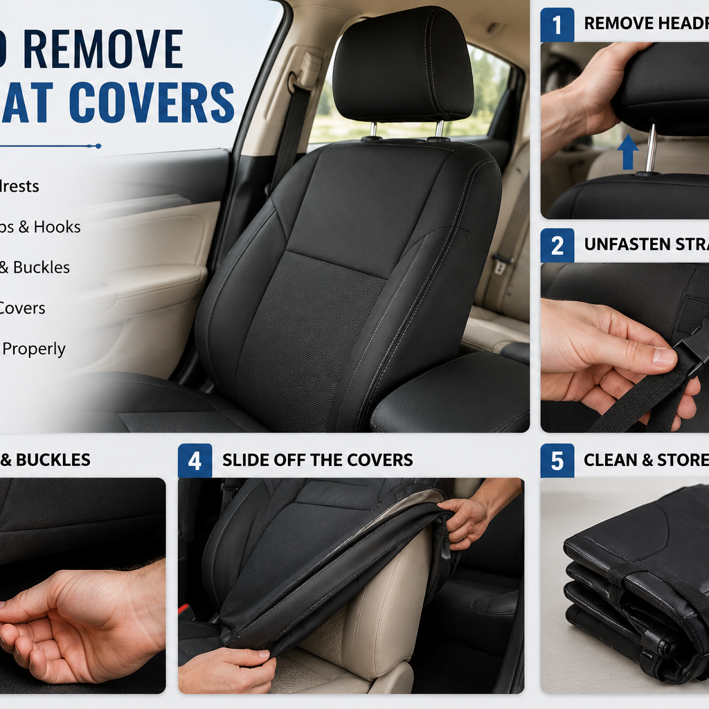 How to remove car seat covers with step-by-step instructions for removing headrests, straps, clips, and fitted covers