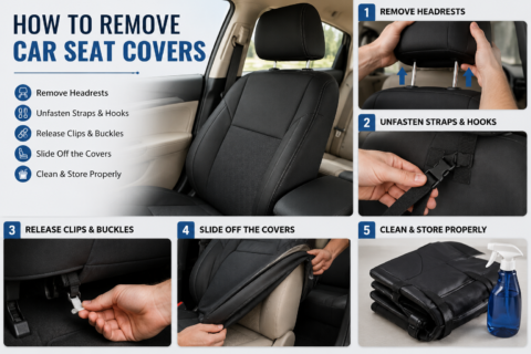 How to remove car seat covers with step-by-step instructions for removing headrests, straps, clips, and fitted covers