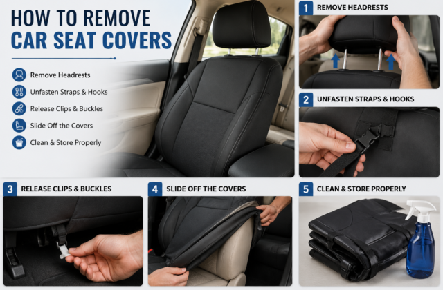 How to remove car seat covers with step-by-step instructions for removing headrests, straps, clips, and fitted covers