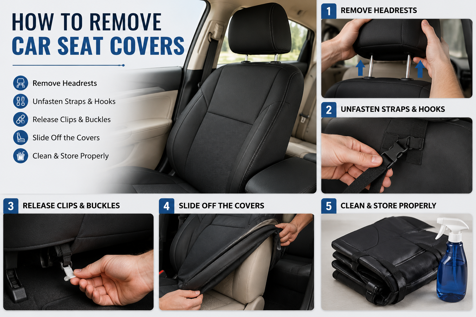 How to remove car seat covers with step-by-step instructions for removing headrests, straps, clips, and fitted covers