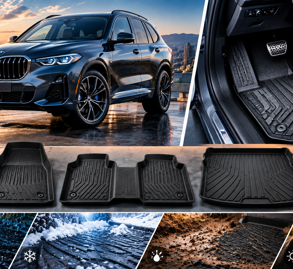 Best Floor Mats for BMW featuring a modern BMW SUV, fitted all-weather floor mats, complete interior coverage, and protection from rain, snow, mud, and road debris