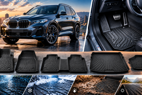 Best Floor Mats for BMW featuring a modern BMW SUV, fitted all-weather floor mats, complete interior coverage, and protection from rain, snow, mud, and road debris