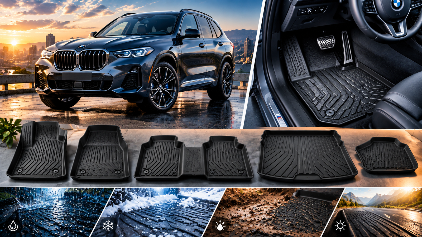 Best Floor Mats for BMW featuring a modern BMW SUV, fitted all-weather floor mats, complete interior coverage, and protection from rain, snow, mud, and road debris