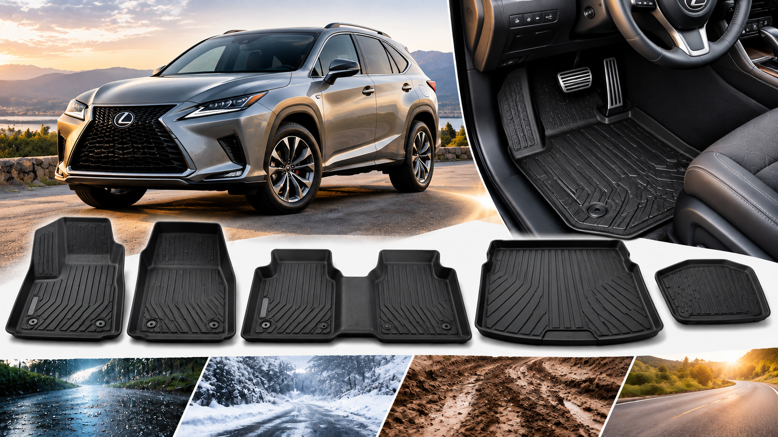 Best Floor Mats for Lexus featuring a Lexus SUV, custom-fit interior floor mats, and all-weather protection