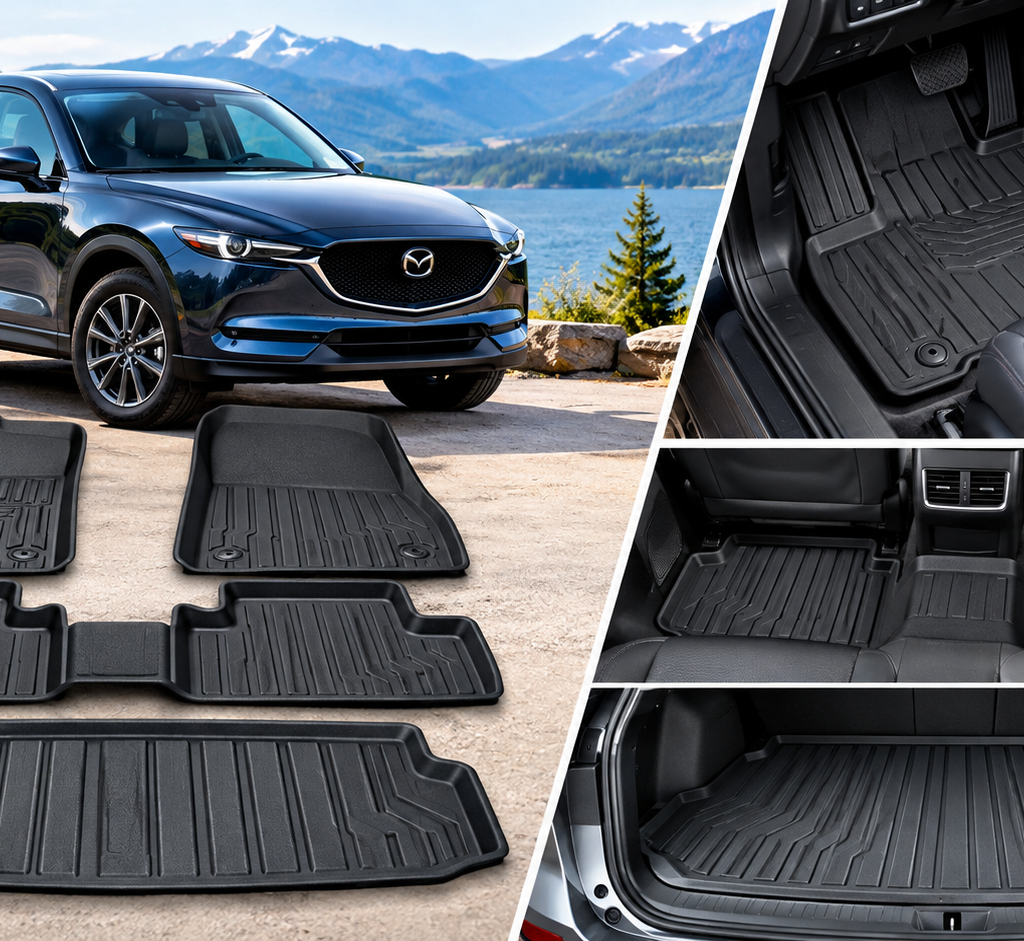 Best Floor Mats for Mazda showing custom-fit all-weather mats and cargo liner