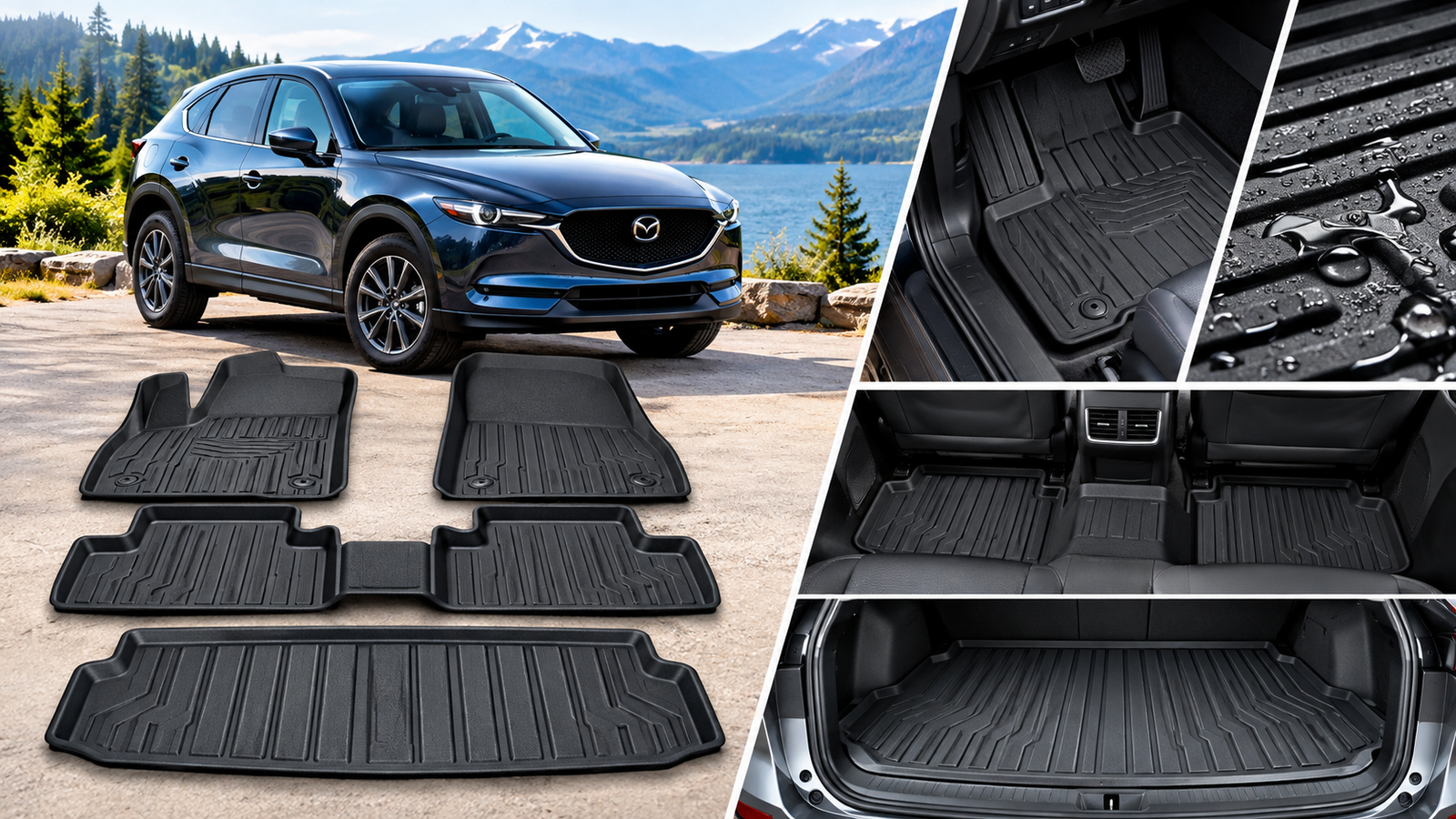 Best Floor Mats for Mazda showing custom-fit all-weather mats and cargo liner