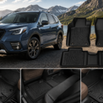 Best Floor Mats for Subaru showing a Subaru SUV with durable all-weather floor mats