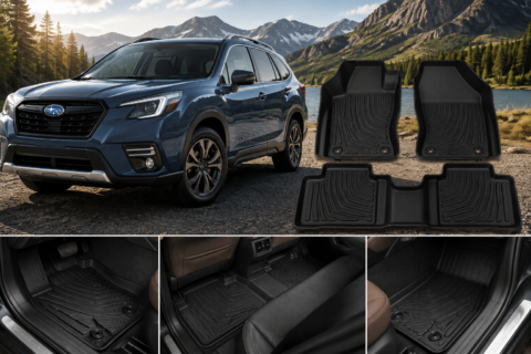Best Floor Mats for Subaru showing a Subaru SUV with durable all-weather floor mats