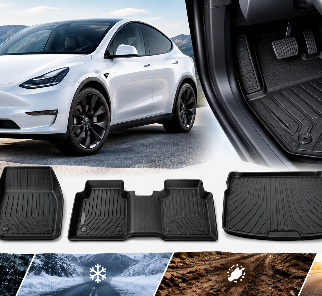Best Floor Mats for Tesla shown with a Tesla vehicle, fitted interior mats, and all-weather floor protection