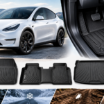 Best Floor Mats for Tesla shown with a Tesla vehicle, fitted interior mats, and all-weather floor protection