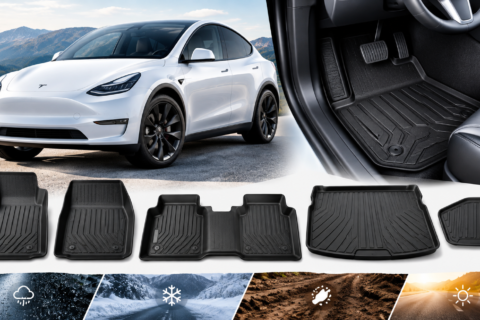 Best Floor Mats for Tesla shown with a Tesla vehicle, fitted interior mats, and all-weather floor protection