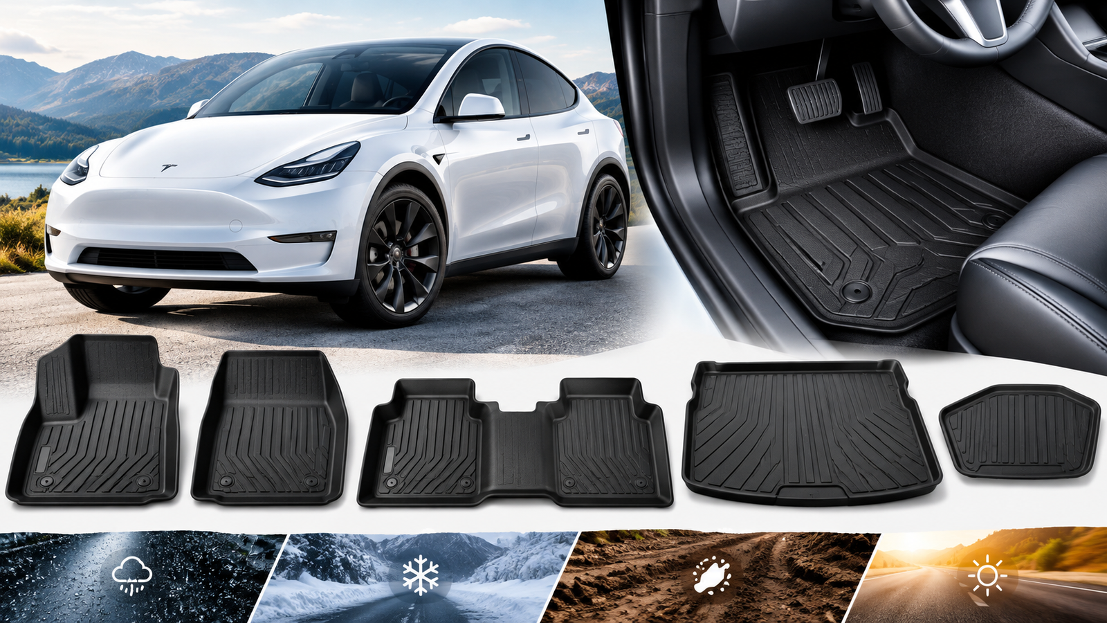 Best Floor Mats for Tesla shown with a Tesla vehicle, fitted interior mats, and all-weather floor protection