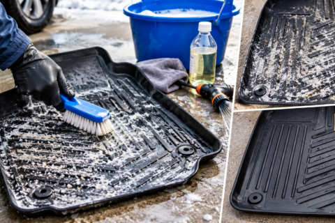 A person scrubbing a salt-covered rubber car mat to demonstrate how to remove road salt from rubber car mats, with a clean mat shown beside it.