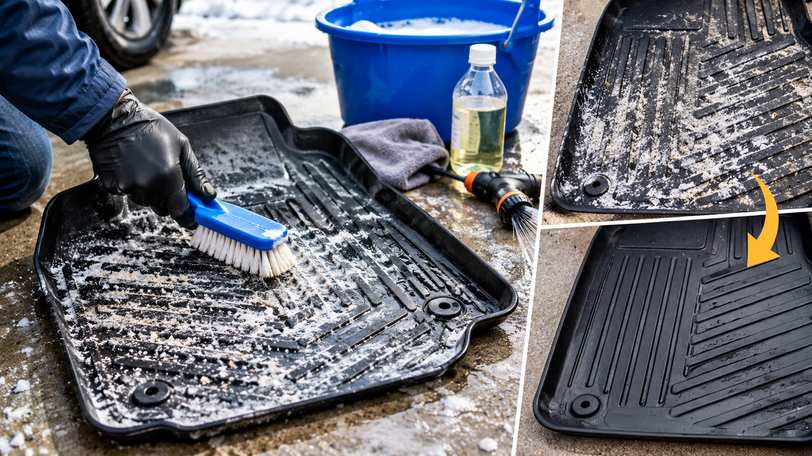A person scrubbing a salt-covered rubber car mat to demonstrate how to remove road salt from rubber car mats, with a clean mat shown beside it.